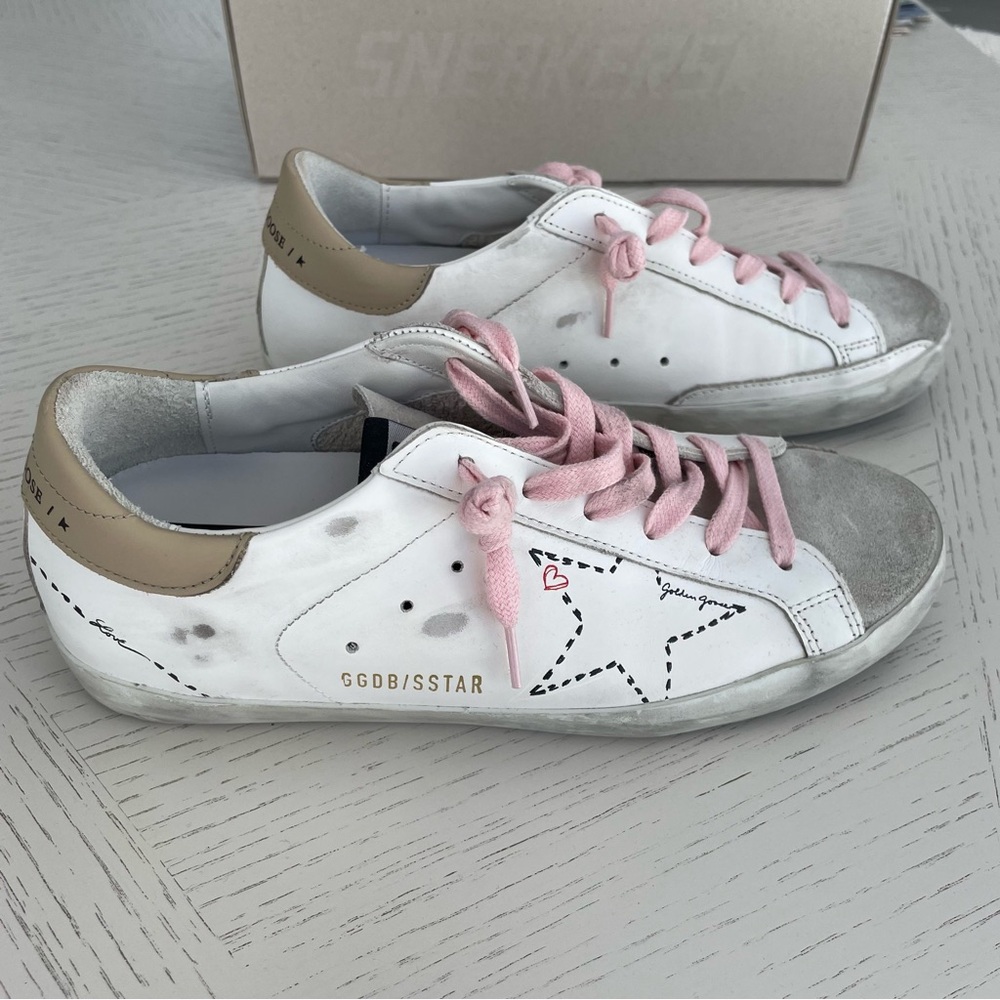 Golden Goose Super-Star White and Tan Leather Sneakers Size 37